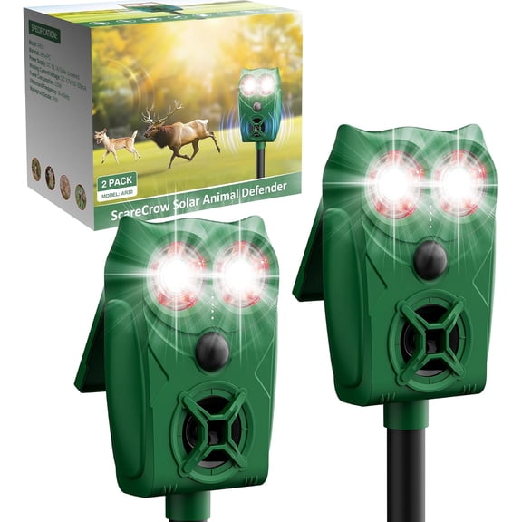 Solar Ultrasonic Animal Repellent with Motion Sensor - Waterproof Deer Repellent Device with LED Lights for Yard, Effective Against Deer, Coyotes, Raccoons & Cats