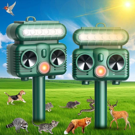 Solar Ultrasonic Animal Repeller Outdoor, 2 Pack Animal Repellent with Motion Detection for Fox Cat Dog Deer Squirrel Mole Raccoon Skunk Squirrel Coyote, Waterproof Animal Deterrent for Garden Yard