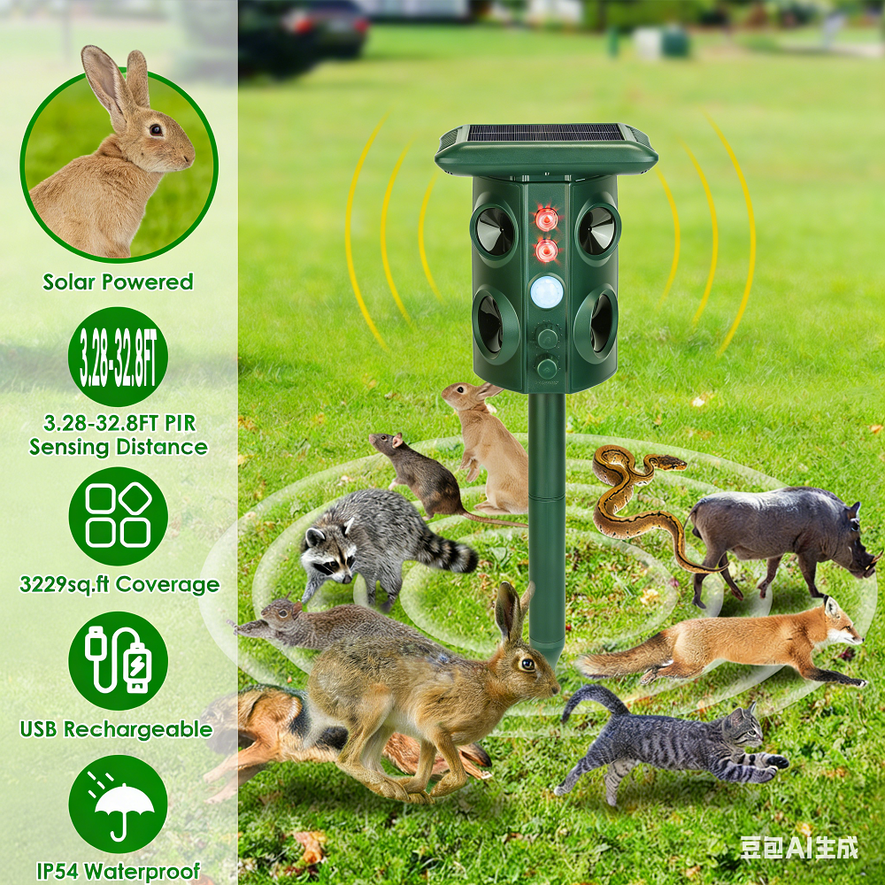 Solar Ultrasonic Animal Repeller with PIR Motion Sensor USB Rechargeable Garden Pest Deterrent Waterproof Outdoor Device Repels Rodents Birds Snakes Raccoons for Yard Farm Patio Lawn