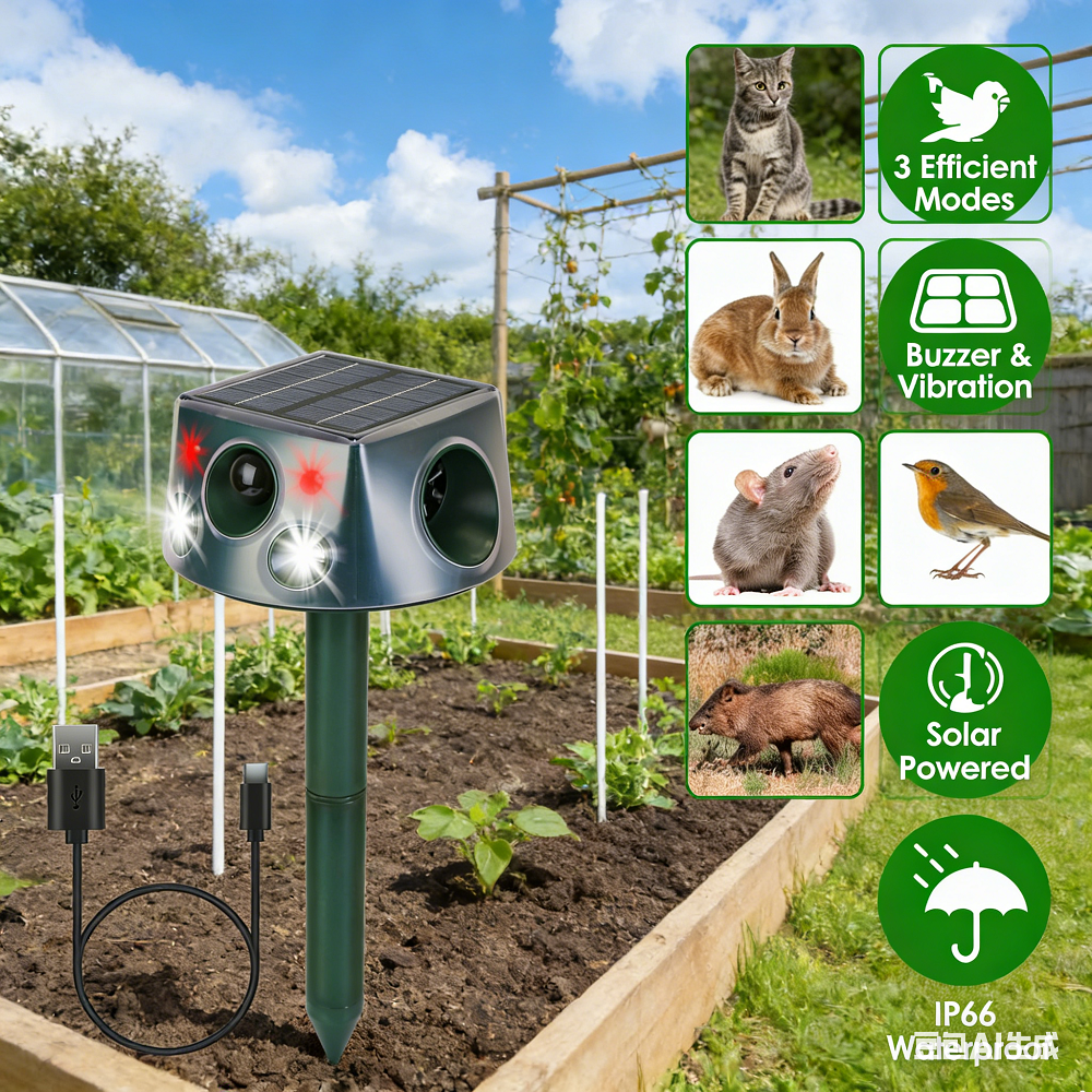 Solar Ultrasonic Animal Repeller Rechargeable 2200mAh Garden Pest Deterrent with Strobe Alarm Vibration IP66 Waterproof Motion Sensor for Moles Bats Squirrels Birds Yard Farm Lawn Outdoor