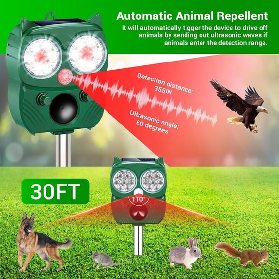 Solar Ultrasonic Wildlife Deterrent Outdoor, IP66 Waterproof Motion Activated Repeller with LED Strobe Light, Solar Powered Garden & Yard Protection Device