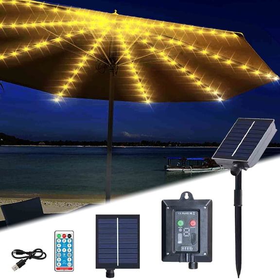 Solar Umbrella Lights 13Ft 104LED Outdoor Patio String Lights - Waterproof Solar & USB Charging, 8 Modes + 4 Brightness, Remote Control for Beach Umbrella, Camping Tent, Patio Shade