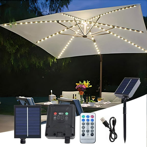 Solar Umbrella Lights with Remote - 8 Clip-On LED String Lights for Patio, Beach & Garden - USB & Solar Charging, 8 Lighting Modes, Waterproof IP44, 13 LEDs per 3.9ft Strand