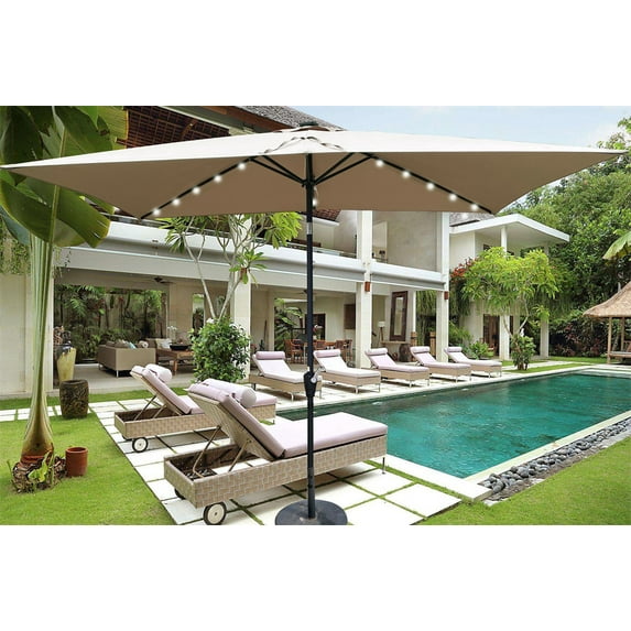 Solar Umbrellas, 10 x 6.5FT Patio Umbrellas with 26 LED Lights, Rectangular Outdoor Umbrellas with Crank and Push Button Tilt Adjustment, Table Market Umbrella for Garden Backyard Pool, Mushroom