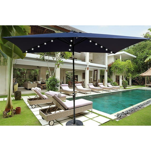 Solar Umbrellas, 10 x 6.5FT Patio Umbrellas with 26 LED Lights, Rectangular Outdoor Umbrellas with Crank and Push Button Tilt Adjustment, Table Market Umbrella for Garden Backyard Pool, Navy Blue