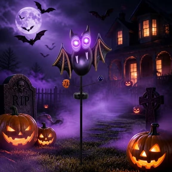 Solar Vampire Bat Stake Light with Animated Purple Eyes for Holiday