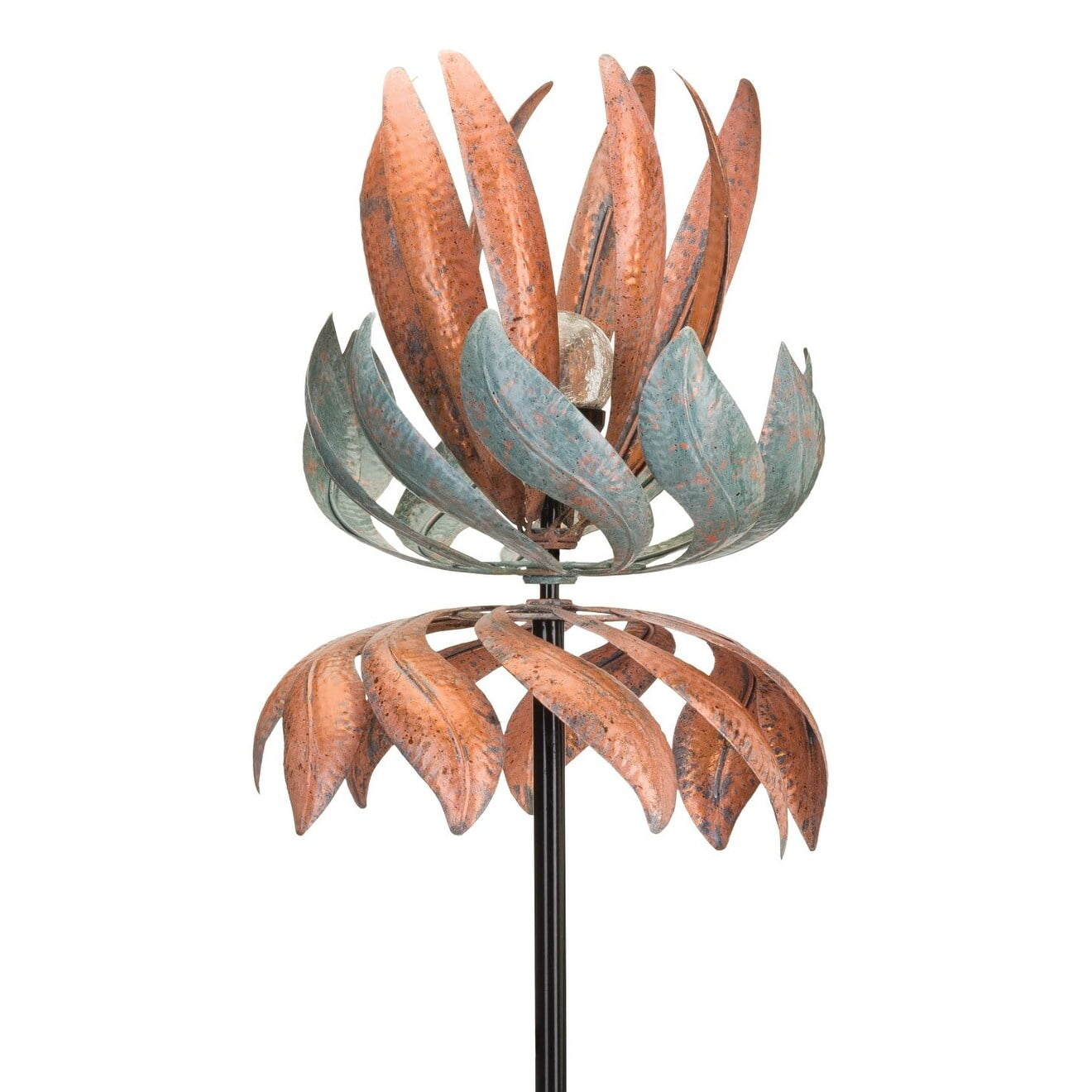Copper Patina Solar Vertical Wind Spinner with Crackle Glass Ball