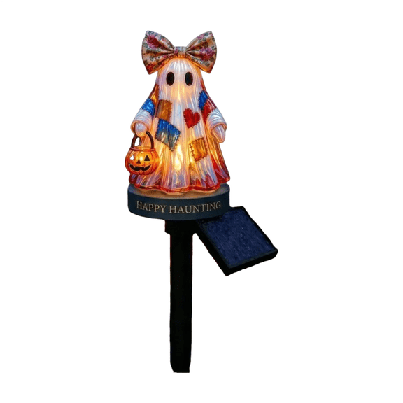 Solar Vintage Patchwork Ghost Garden Light with Ground Stake, LED Halloween Ghost Outdoor Decor, Auto On Off Warm Light Fall Yard Lawn Ornament