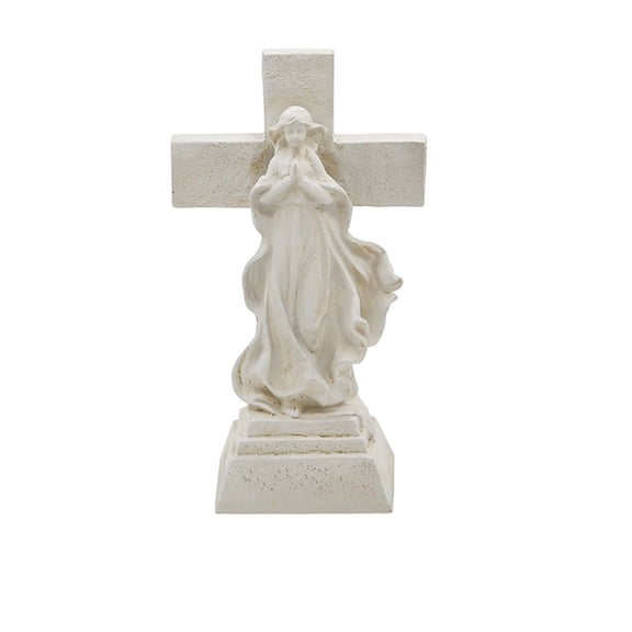 Solar Virgin Mary Praying Cross Statue with LED Lights, 9.45Inch Resin Memorial Sculpture for Grave Outdoor Garden Religious Decor, Patio, Lawn, Yard Easter Decor, Easter Basket Stuffers