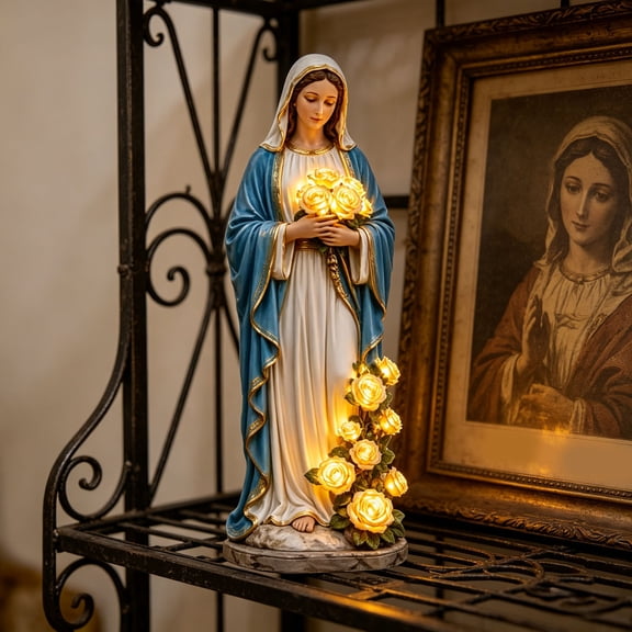 Solar Statue Light LED Glowing Rose Resin Figurine Catholic Memorial Garden Decor Lamp for Patio Porch Yard