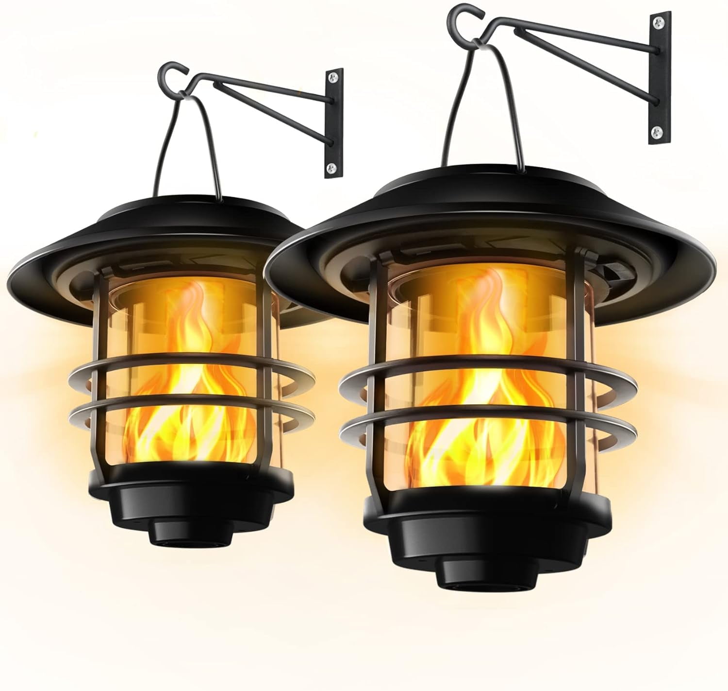 Black Solar Wall Lanterns with Flickering Flames, 2 Pack