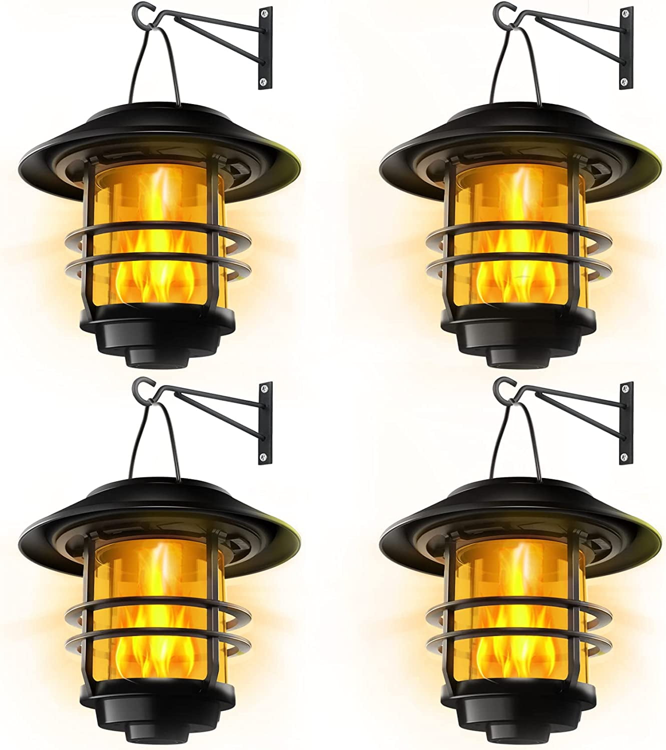 Black Solar Wall Lanterns with Flickering Flames, 2 Pack