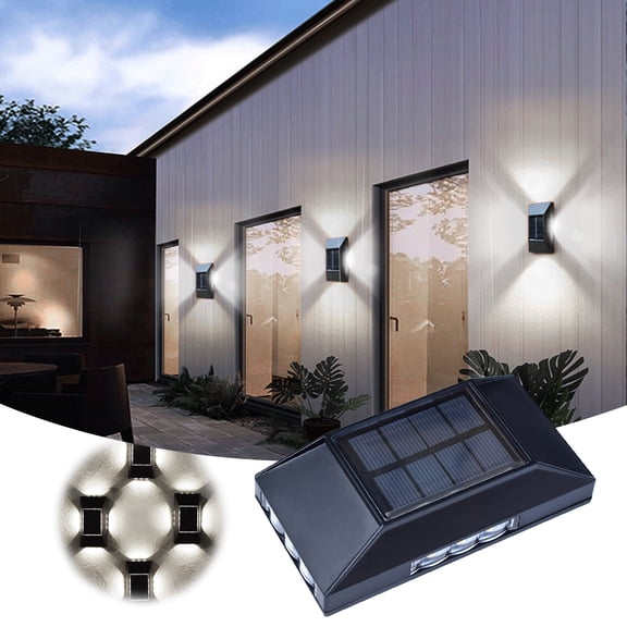 Solar Wall Light Outdoor, 4-Sided Modern Waterproof IP65 Solar Powered Garden Lights for Porch Patio Yard Pathway, Warm White Solar Lamp for Home Exterior Decor and Landscape Lighting