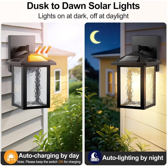 Solar Wall Lights Outdoor, Aluminum Dusk to LED Porch Light, 3000K/5000K Adjustable, Wireless Exterior Lighting Fixtures Solar Wall Lantern Sconce Light for Outside Garage, 2-Pack