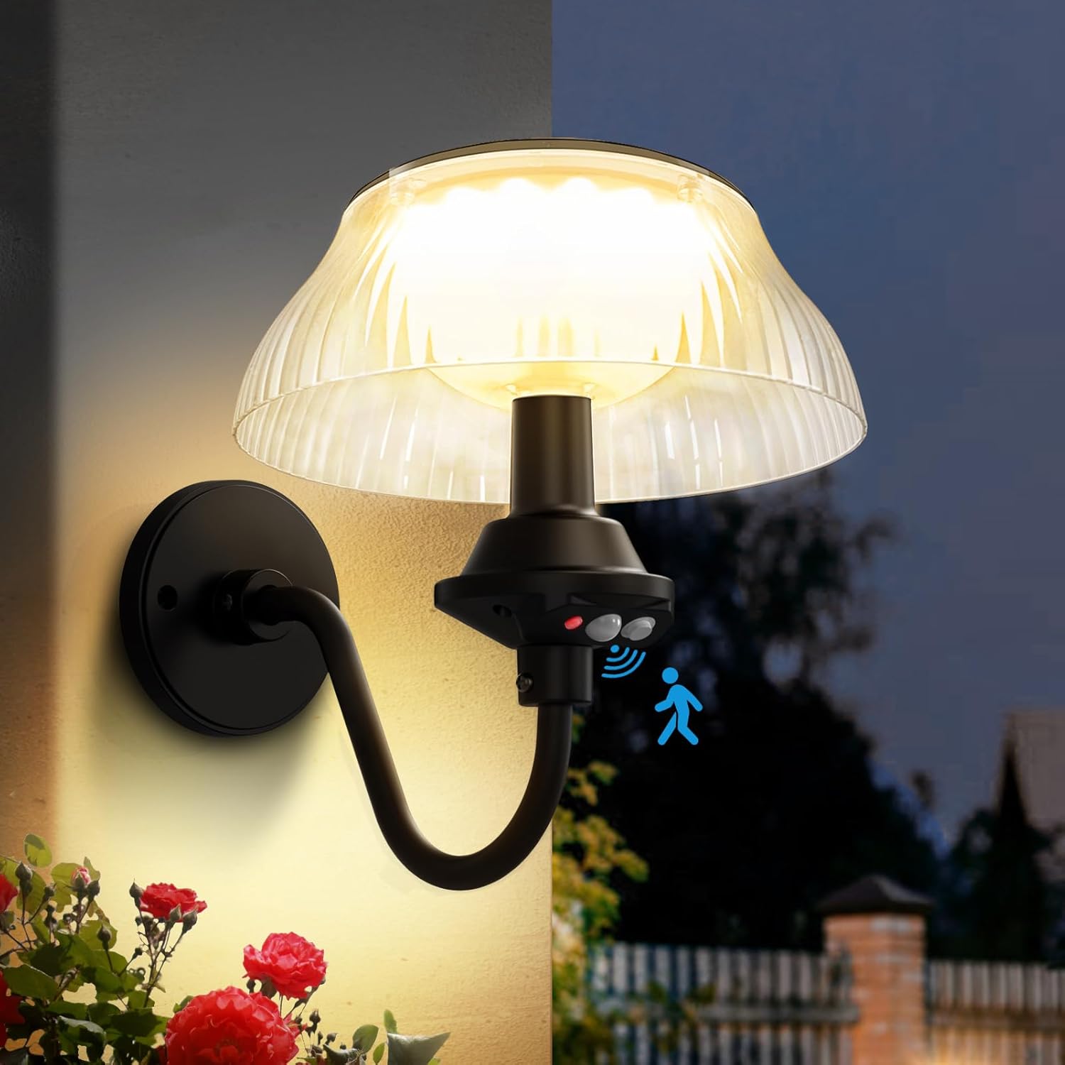 Kuniwa Solar Wall Lights Outdoor 2 Pack - Motion Sensor, 3 Modes, Dusk To Dawn, Waterproof IP65, Warm White