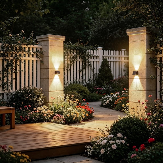 Solar Wall Lights Outdoor Waterproof, Double Head Up Down LED Wall Sconce, Yellow, Dusk to Dawn Sensor, Black Finish, for House Garage Patio Garden