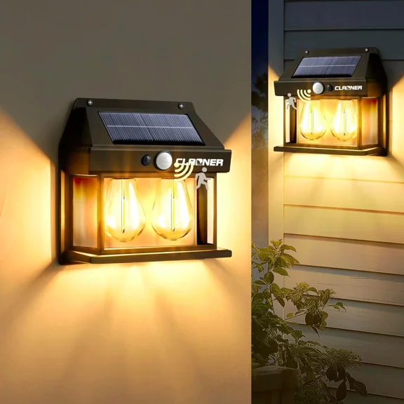 Solar Wall Lights Outdoor, Wireless Dusk to Dawn Porch Lights Fixture, Solar Wall Lantern with 3 Modes & Motion Sensor, Waterproof Wall Mount Light for Patio Fence Yard Garage, 2Pack