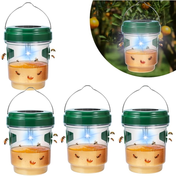 Solar Wasp Trap Outdoor Hanging, 4 Pack Catcher Yellowjacket Hornet Wasps Killer with UV LED Light Reusable Carpenter Bee Traps for Outside, Garden, Backyard, and Orchard
