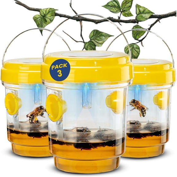 Solar Wasp Traps Outdoor Hanging 3 Pack Reusable Catcher with LED Light for Yellow Jackets Hornets Bees Flies Patio Porch Garden Backyard