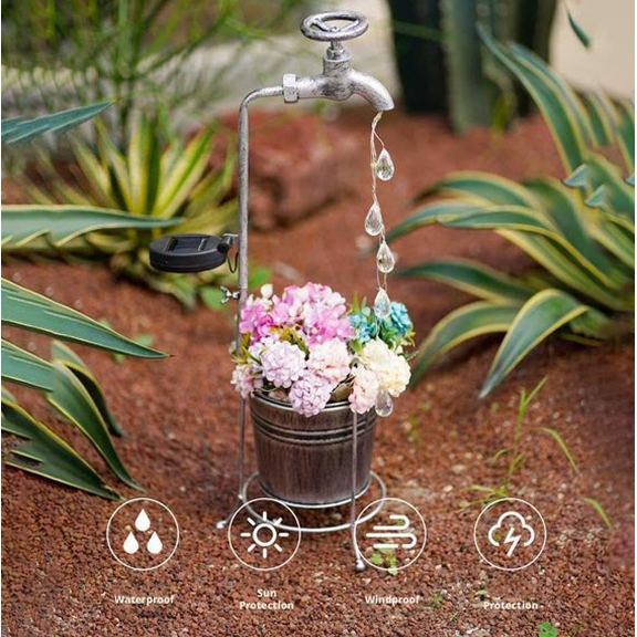 Solar Water Faucet Bucket Lights Outdoor Garden Decor, Waterproof Vintage Decorations with LED Light for Yard Lawn Patio Pathway