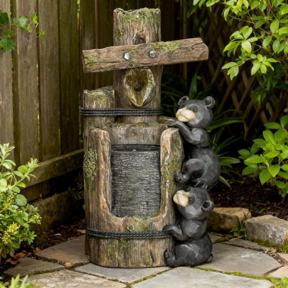 Solar Water Fountain, 3-Tier Resin Bears on Log Outdoor Waterfall Fountain,Water Fountain with LED Lights, Pump, Black+Brown Outdoor Water Fountain,Resin Stone Water Fountain