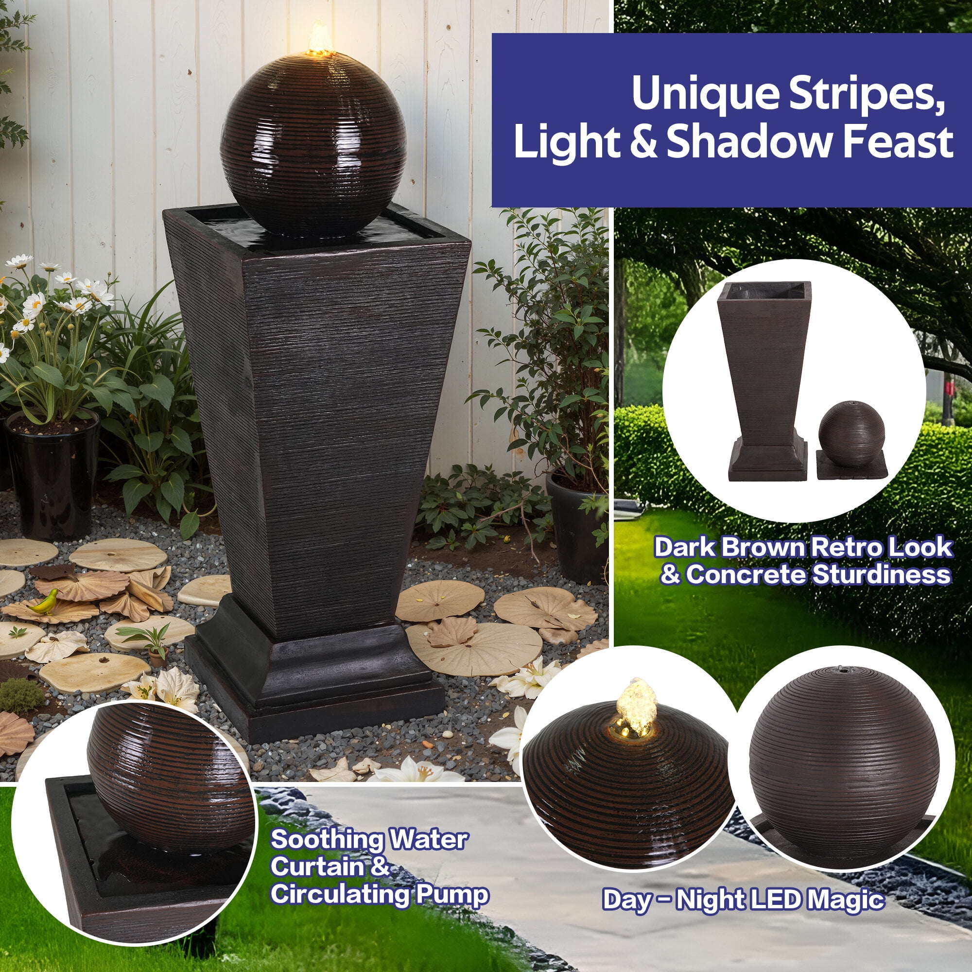 Solar Water Fountain, 35.5"H Dark Brown Concrete Tall Column Fountain -LED Light Retro Outdoor Oasis, Resilient Decor Feature, Dark Brown Outdoor Water Fountain,Cement Stone Water Fountain