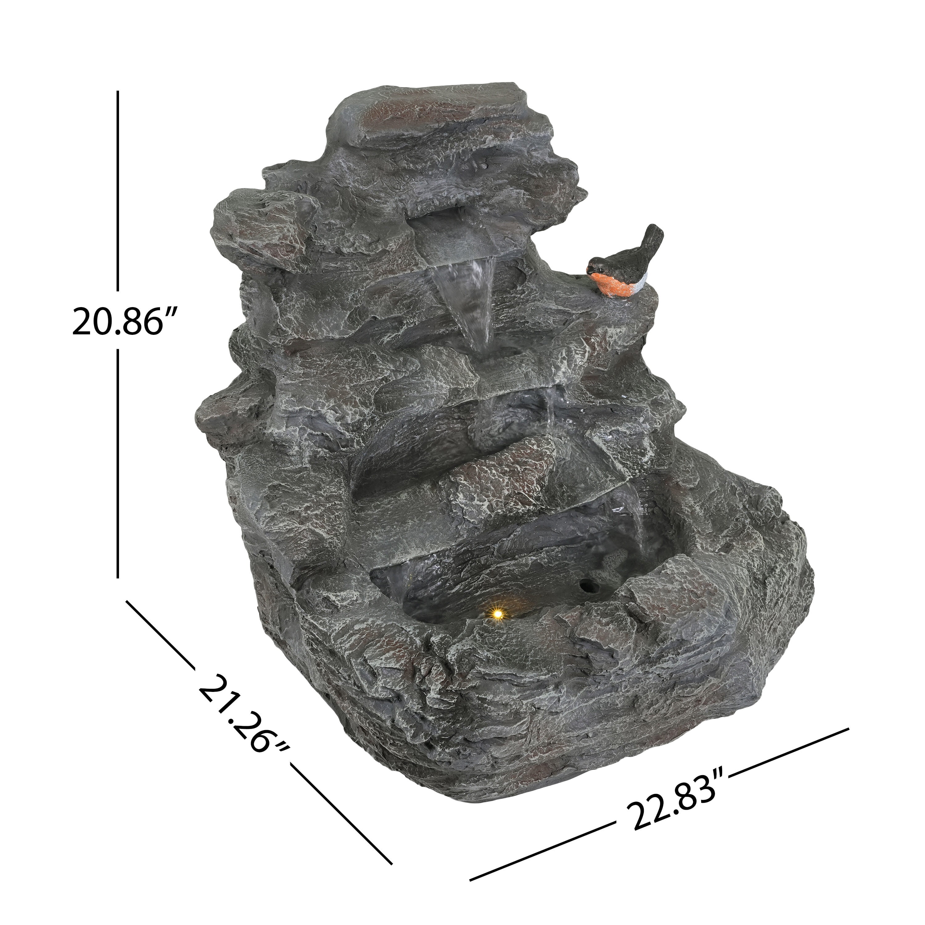 Solar Water Fountain, 4-Tiered Concrete Rock Waterfall Fountain, 20.8"H - Outdoor Garden Decor with LED Lights, Weather-Resistant, Soothing Water Sound Ambiance, Gray Outdoor Water Fountain