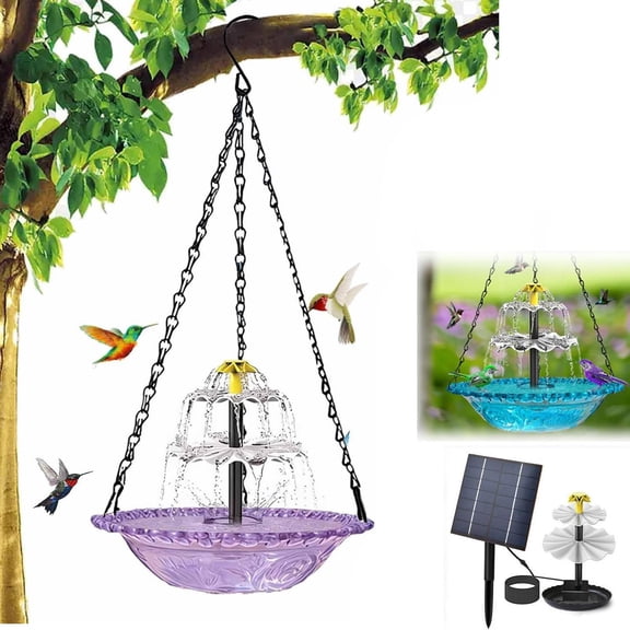 Solar Water Fountain Outdoor Garden, Hanging Bird Bath Set, Purple Resin Basin, 1 Pc, Backyard Bird Watering Station