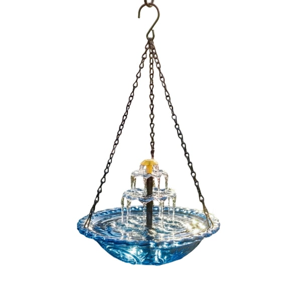 Solar Water Fountain Outdoor, Glass Bird Bath, 12 in Round, Blue Tint, Hanging Bird Bath, Heavy Duty Chain, Water Fountain Outdoor Garden, Outdoor and Garden, Garden Fountain, 1
