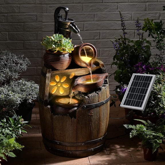 Solar Water Fountain Outdoor Rustic Pump and Barrel,4 Tiered Cascading Bowl Solar Powered Water Fall Fountains Outside Feature with LED Lights for Garden, Patio, Porch, Backyard Decor