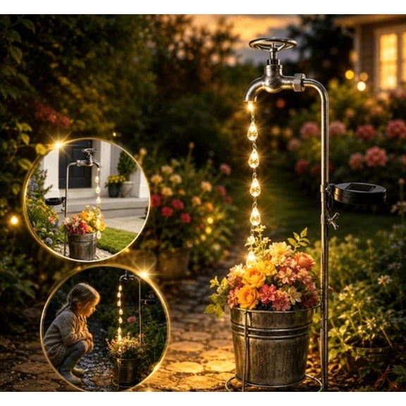Solar Water Lamp Decorative Outdoor Faucets Solar-Powered LED Drip Light Waterproof Garden Stake Dusk-to-Dawn Auto Sensor Rustic Wrought Iron Design Outdoor Yard Patio Deco