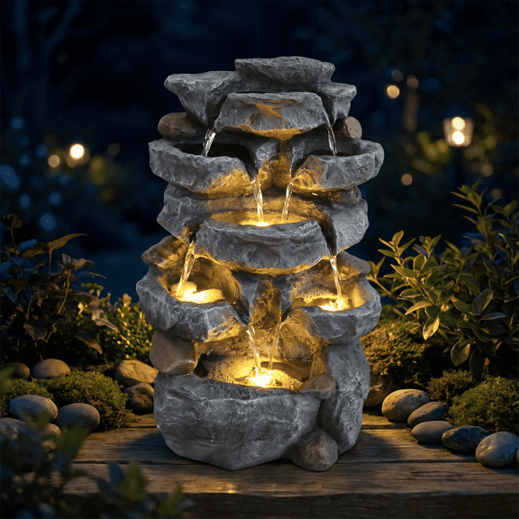 Solar Waterfall Fountain with LED Lights, 21.65 Inch Rock Design