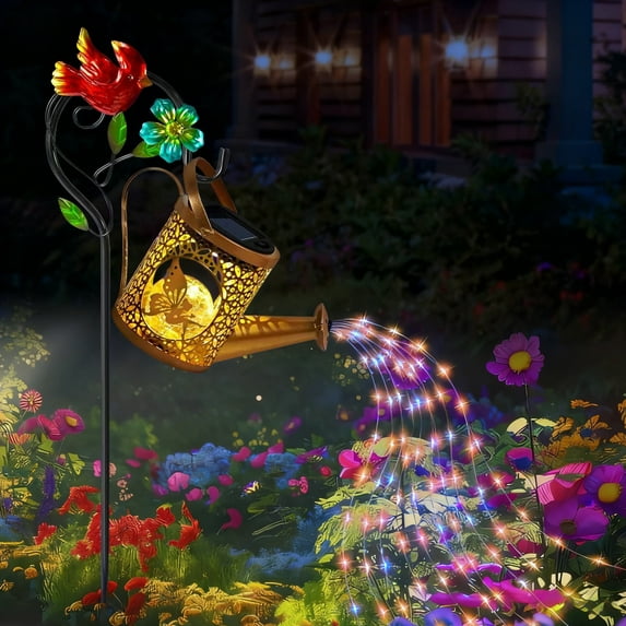 Solar Watering Can with Cascading Lights Outdoor Garden Decor, Cardinal Shaped Hook Gardening Gifts for Mom Women Grandma Birthday, Solar Lights for Garden Decorations Patio Yard Lawn Backyard