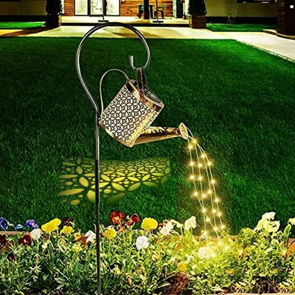 Solar Watering Can with Cascading Lights Outdoor Garden Decor - Outdoor Waterproof Retro Metal Hanging Solar Light - Solar Watering Can with Cascade Light - Solar Decoration for Yard with Bracket