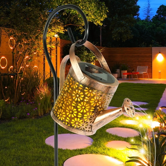 Solar Watering Can Lantern With Cascading LED String Lights Waterproof Outdoor Garden Decor (asshown )