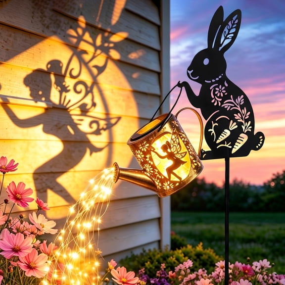 Solar Watering Can Lights Outdoor Decor with Elephant Stake & Fairy Silhouettes, Cascading String Lights for Garden, Patio, Yard - Waterproof Solar Powered Gift for Mom, Housewarming, Birthday