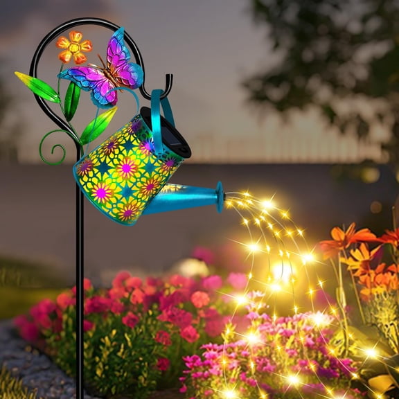 Solar Watering Can with Lights, Waterproof Solar Lantern with Butterfly Shepherd Hook, Hanging Garden Lights for Patio Yard Lawn Porch Outdoor Decoration,