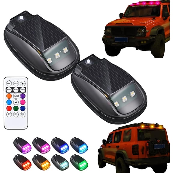 Solar Waterproof Cab Roof Lights, Wireless No-Drill Solar Powered LED Roof Marker Lights with Remote Control, 8 Color Waterproof Off Road Lights with Vibration Sensor for Trucks SUV