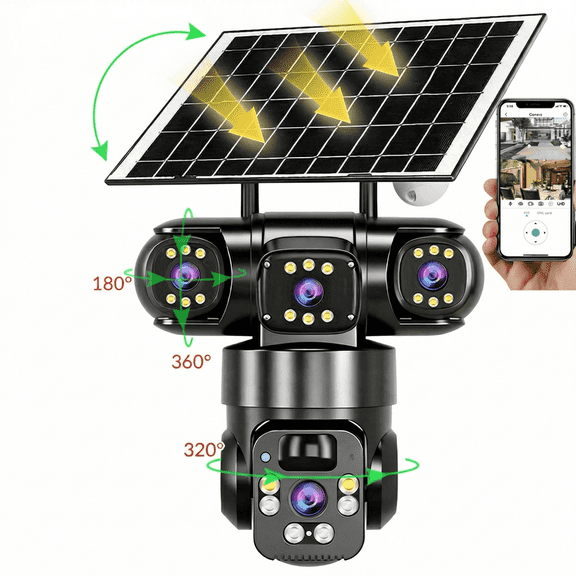 Solar WiFi Security Camera Outdoor, Triple Lens Camera with Motion Detection, Full-Color Night Vision, Two-Way Audio, Waterproof for Home Security