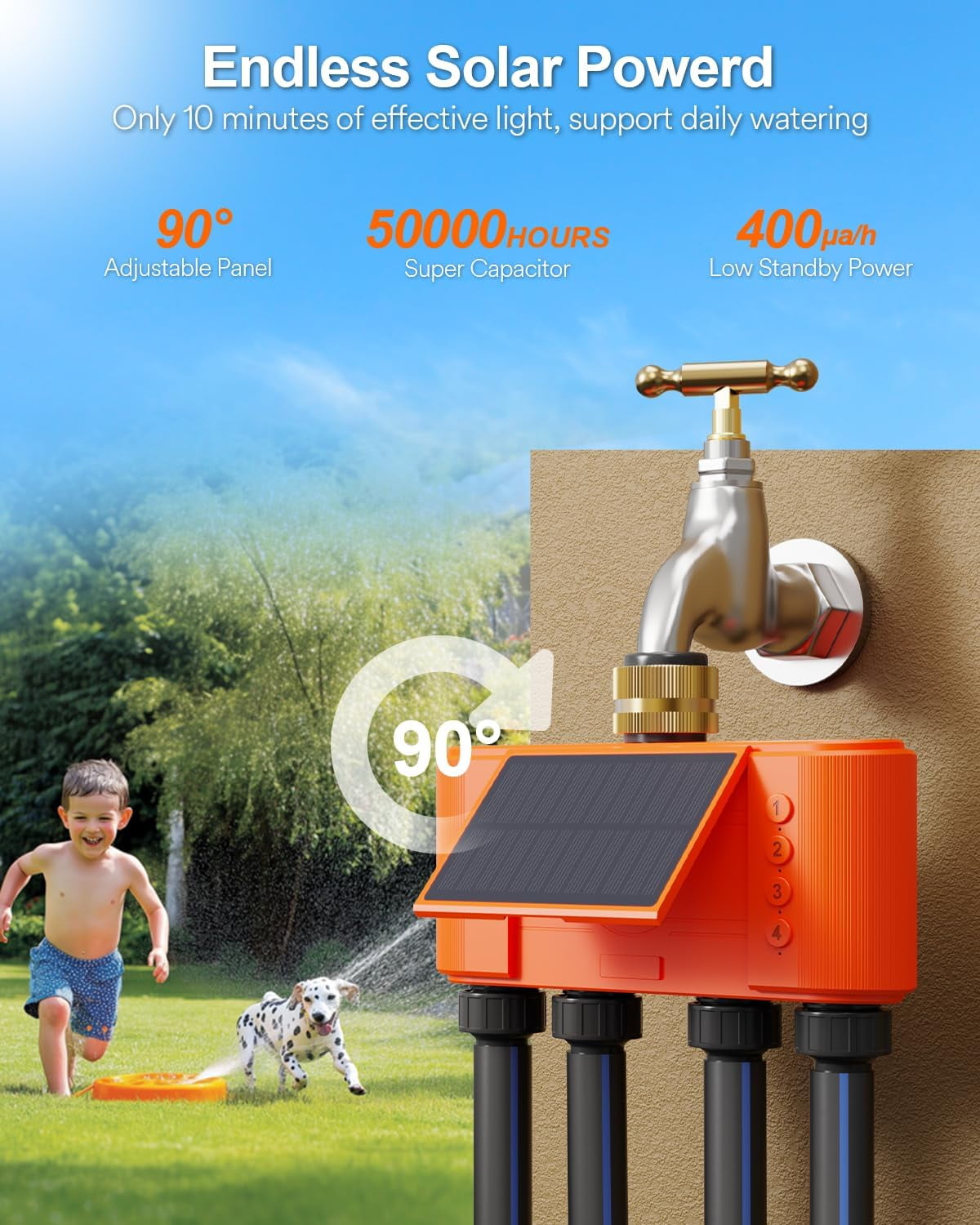 Solar WiFi Sprinkler Timer 4 Zone w/Water Flow Meter, Smart Water Timer for  Garden Hose w/Adjustable 90° Panel, APP Automatic Irrigation Controller  System for Lawns Yard, No Need Hub - Walmart.com, image size:1200x1500