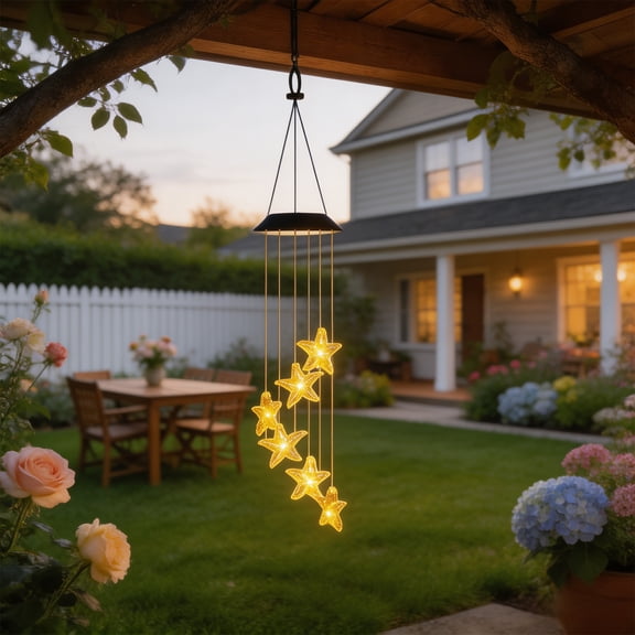Solar Wind Chime,Hanging Outdoor Decor Light Star Shape Weather Resistant Pendant,LED Auto Light Up Ambient Lamp For Backyard Tree Patio Campus Leisure Space
