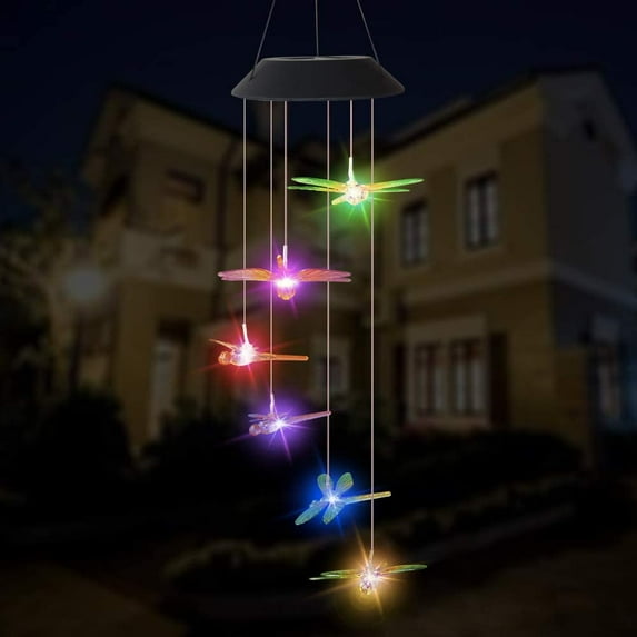 Solar Wind Chime Light, EpicGadget Solar Powered Color Changing LED Hanging Dragonfly Wind chime Light for Outdoor Indoor Gardening Yard Pathway Decoration (Green Wing)