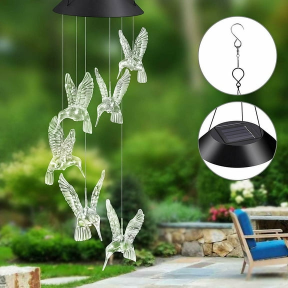 Solar Wind Chime Light, EpicGadget Solar Powered Color Changing LED Hanging Hummingbird Wind chime Light for Outdoor Indoor Gardening Yard Pathway Decoration (Clear Wing)