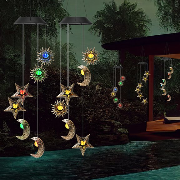 Solar Wind Chime Light, Star Sun Moon Wind Chime Solar Light, Outdoor Hanging Wind Chime, Solar Powered Garden Light for Patio Balcony Porch Terrace