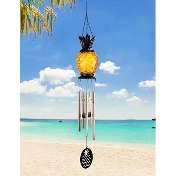 Solar Wind Chime Pineapple Solar LED Light Tropical Windchimes Decorative Hanging Wind Bell for Porch  and Garden Decor