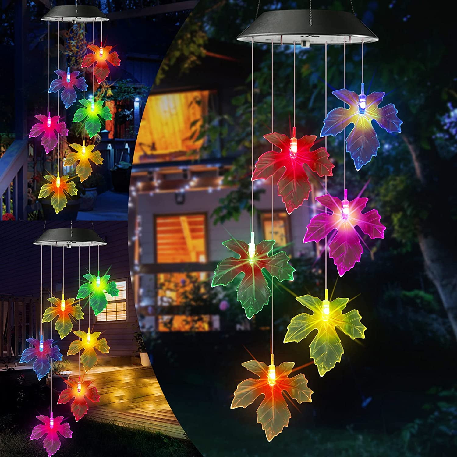 Solar Wind Chimes, Color Changing Maple Leaf Wind Chimes, LED Mobile