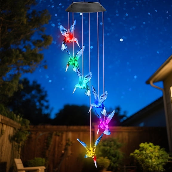 Solar Wind Chimes Hummingbird Chimes Solar Outdoor with Changing Lights Outdoor Waterproof LED Solar Hanging Lights Garden Decor