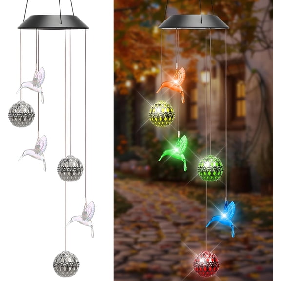 Solar Wind Chimes Lights Outdoor, Color Changing Hanging Solar Wind Chime, Hummingbird Moroccan Ball Mobile LED Lights for Outside Garden Yard Patio Decor, Waterproof