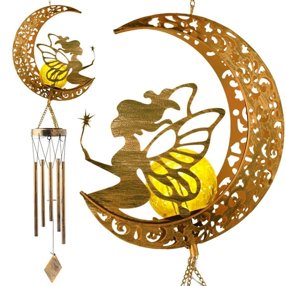 QiShi Solar Wind Chimes, Moon Fairy Hanging Lights, Outdoor Decor Crackle Glass Ball Solar Light, Patio Lawn Yard Gardening Memorial Gifts for Mom