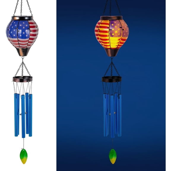 Solar Wind Chimes for Outdide,American Flag Solar Hot Air Balloon Wind Chime with Flame Flickering Light,Glass Windchimes with 5 Thicken Tubes,4th of July Decorations for Garden